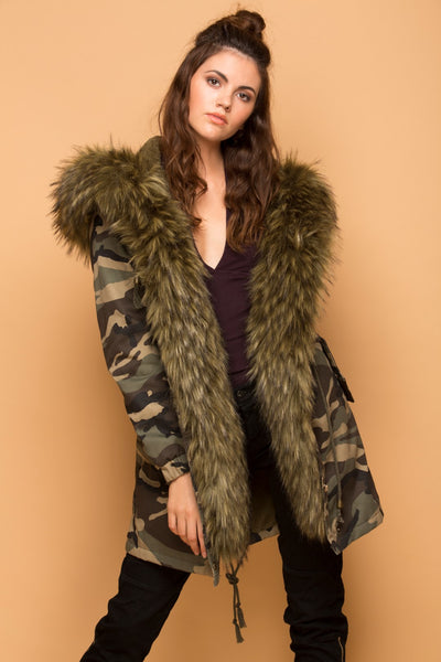 Camouflage coat with best sale fur hood