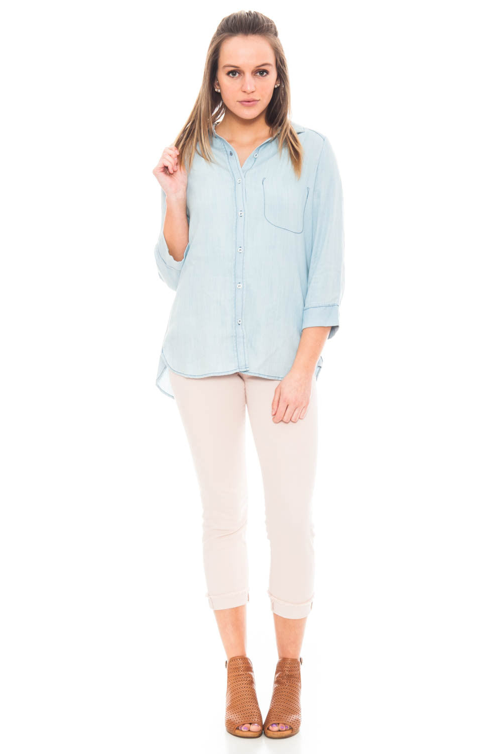 Shirt - Button Down Chambray Shirt with a Back Slit