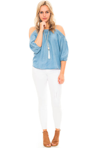 Blouse - Denim Off Shoulder Top With Stitching Detail