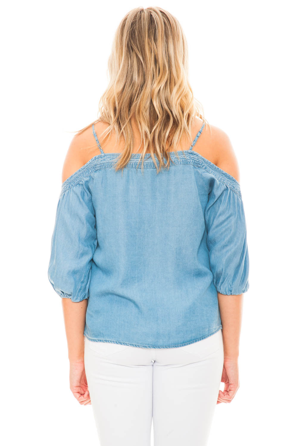 Blouse - Denim Off Shoulder Top With Stitching Detail