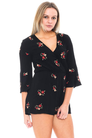 Romper - Floral Embroidered Flared Sleeve Romper