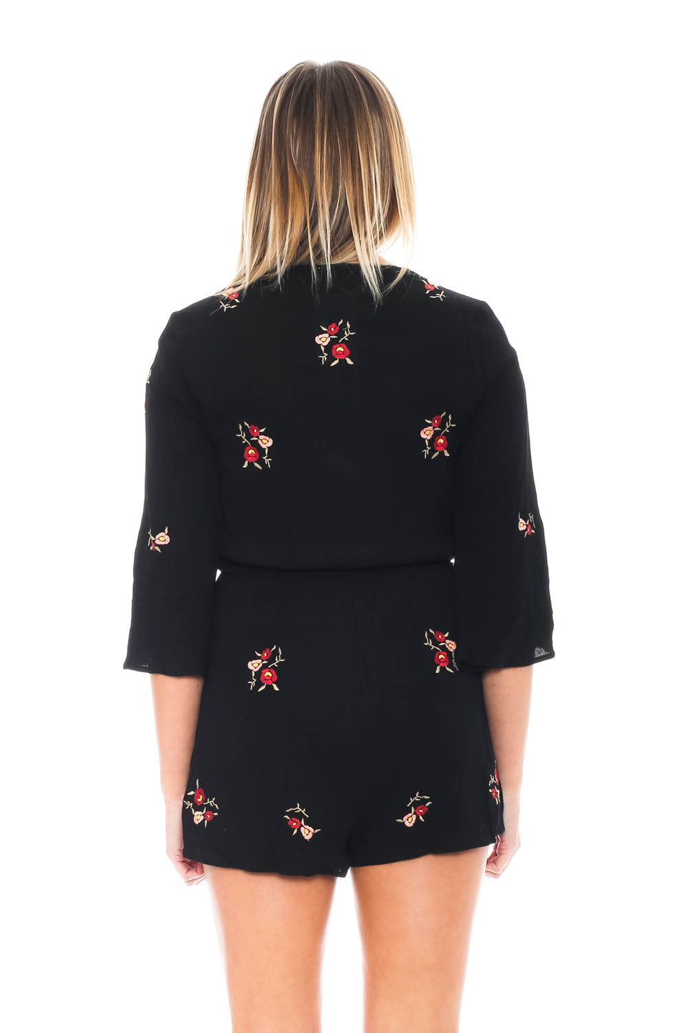 Romper - Floral Embroidered Flared Sleeve Romper