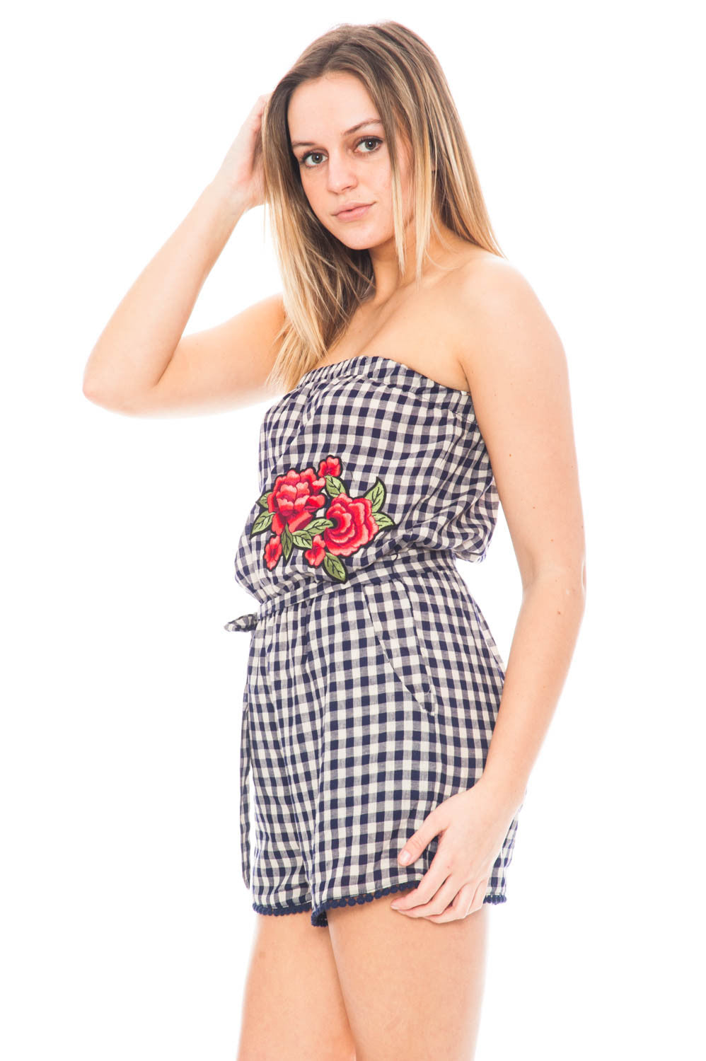 Romper - Gingham Strapless Romper with Floral Patch by Everly