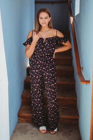 Jumper - Floral Cold Shoulder Jumpsuit with Pockets