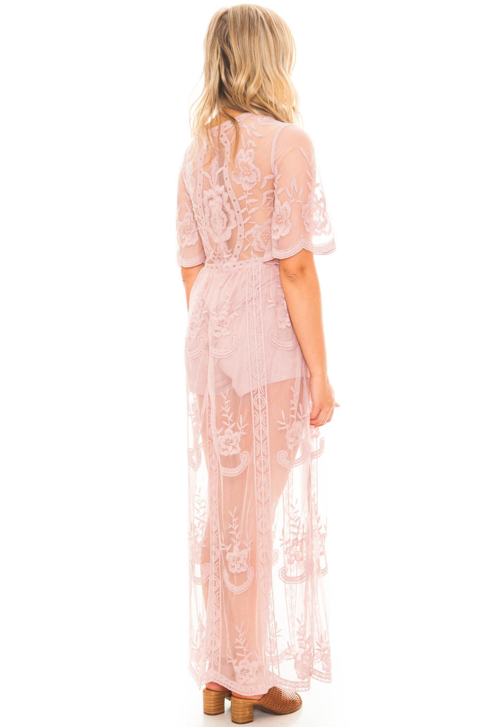 Dress - Plunging Maxi Romper With Lace Skirt Overlay