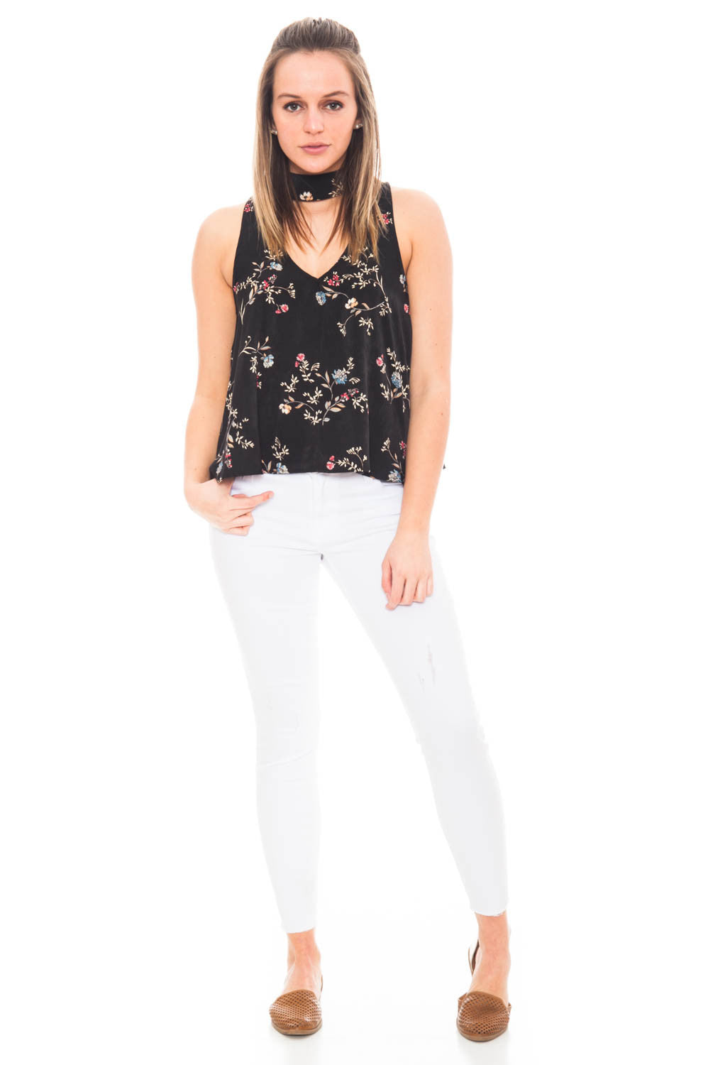 Tank - High Neck Floral Choker Tank