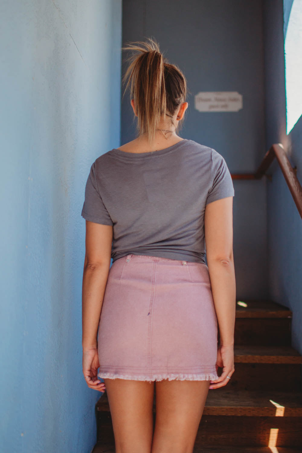 Skirt - High Waist Denim Skirt with Pockets