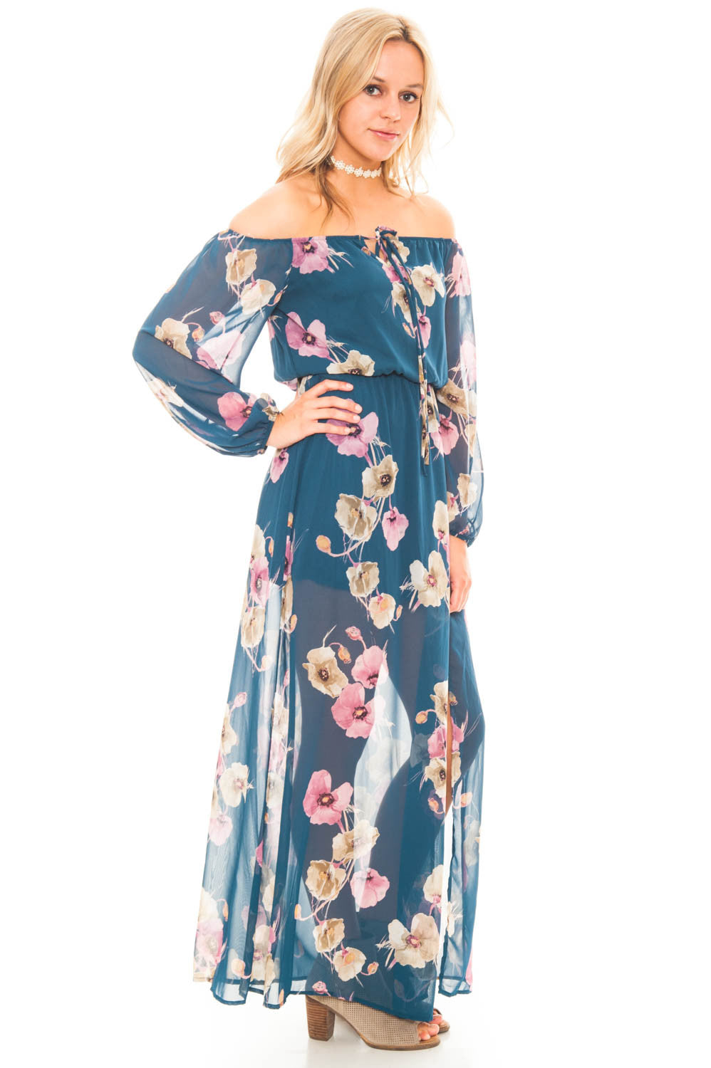 Dress - Off Shoulder Long Sleeve Maxi Dress with a Keyhole Front