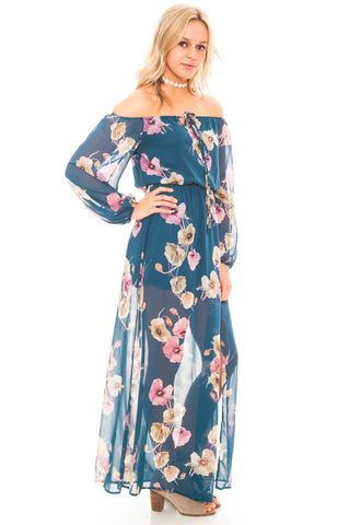 Dress - Off Shoulder Long Sleeve Maxi Dress with a Keyhole Front