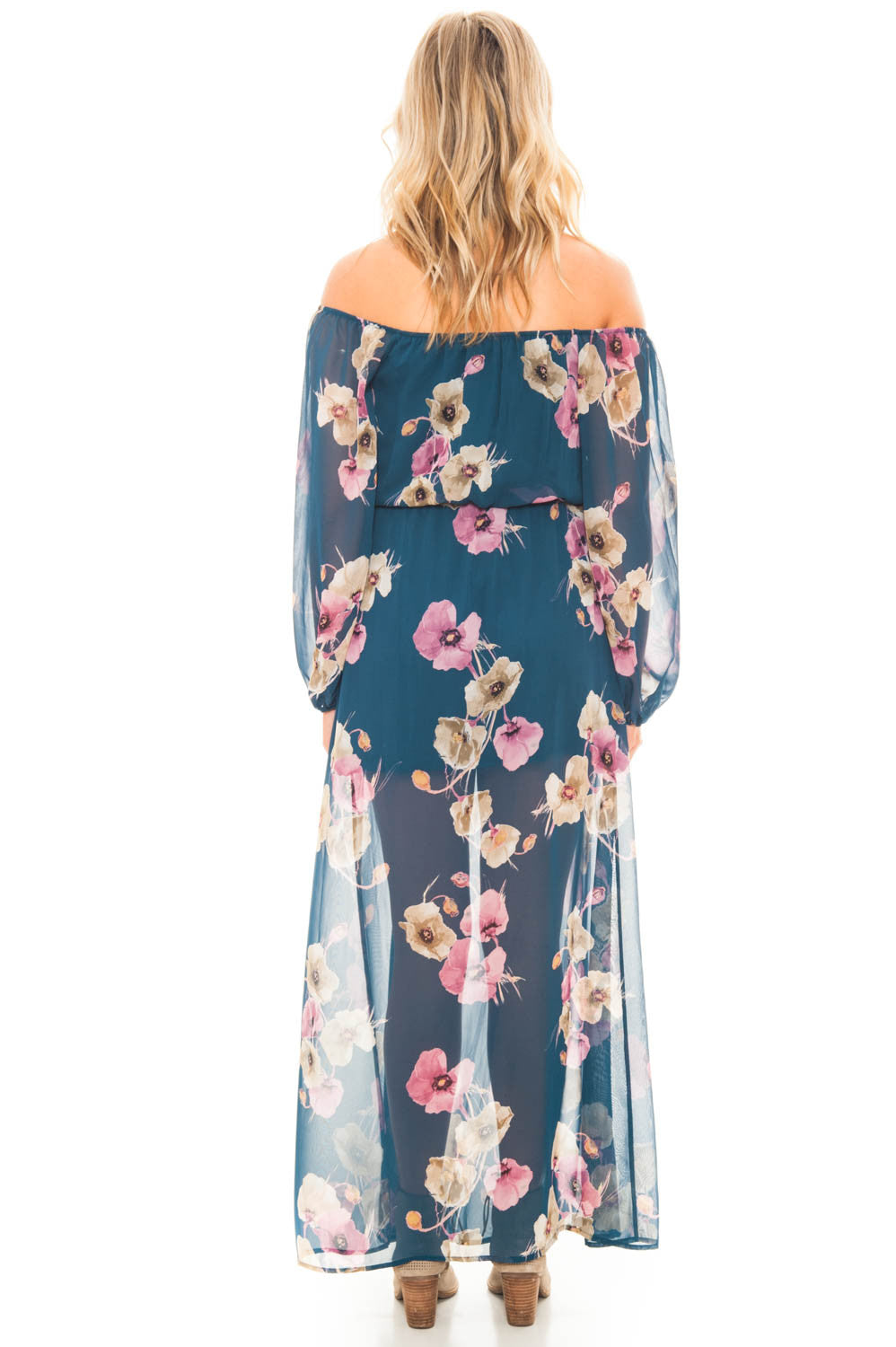 Dress - Off Shoulder Long Sleeve Maxi Dress with a Keyhole Front