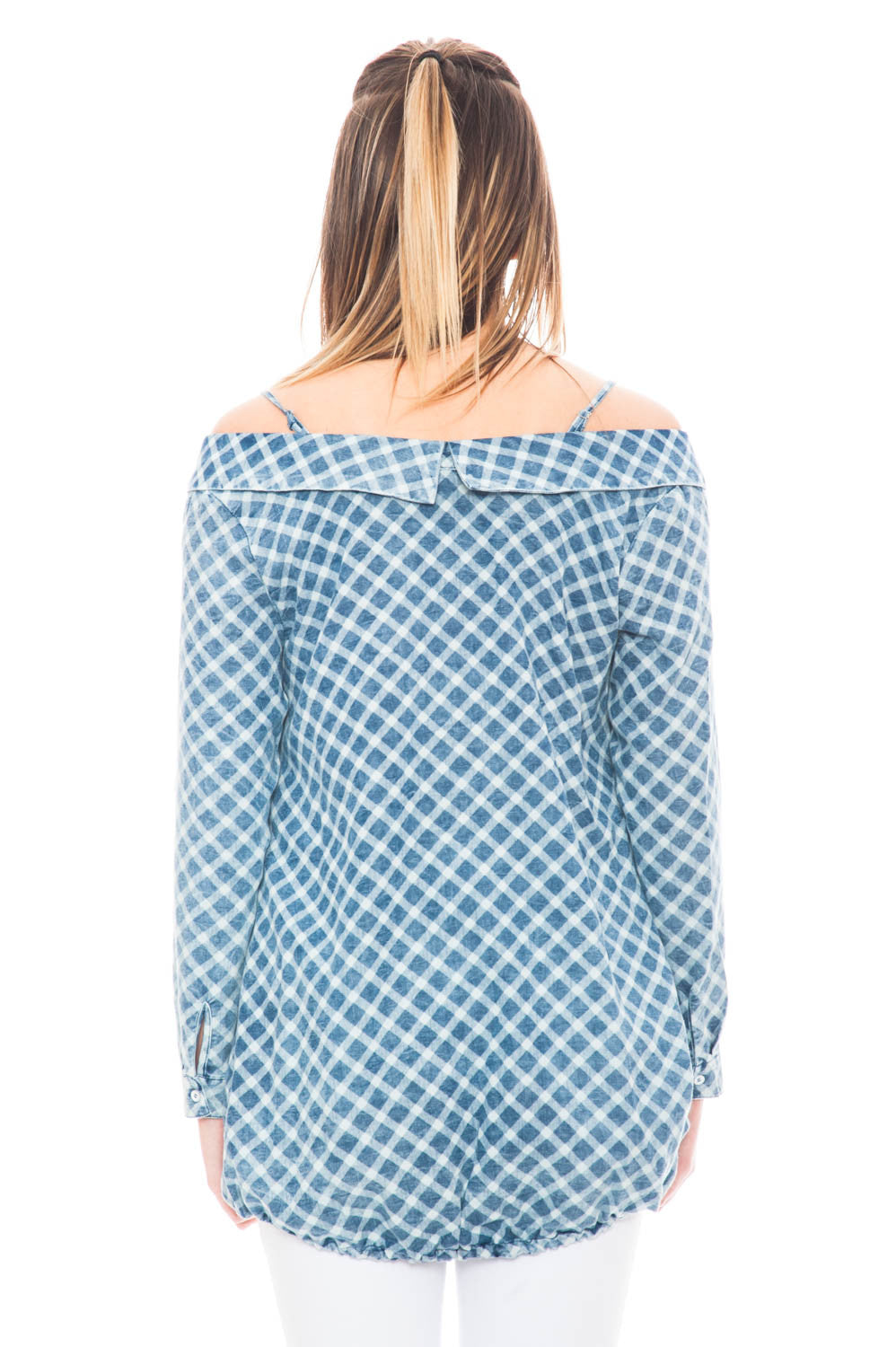 Shirt - Checkered Denim Off Shoulder Top with Collar