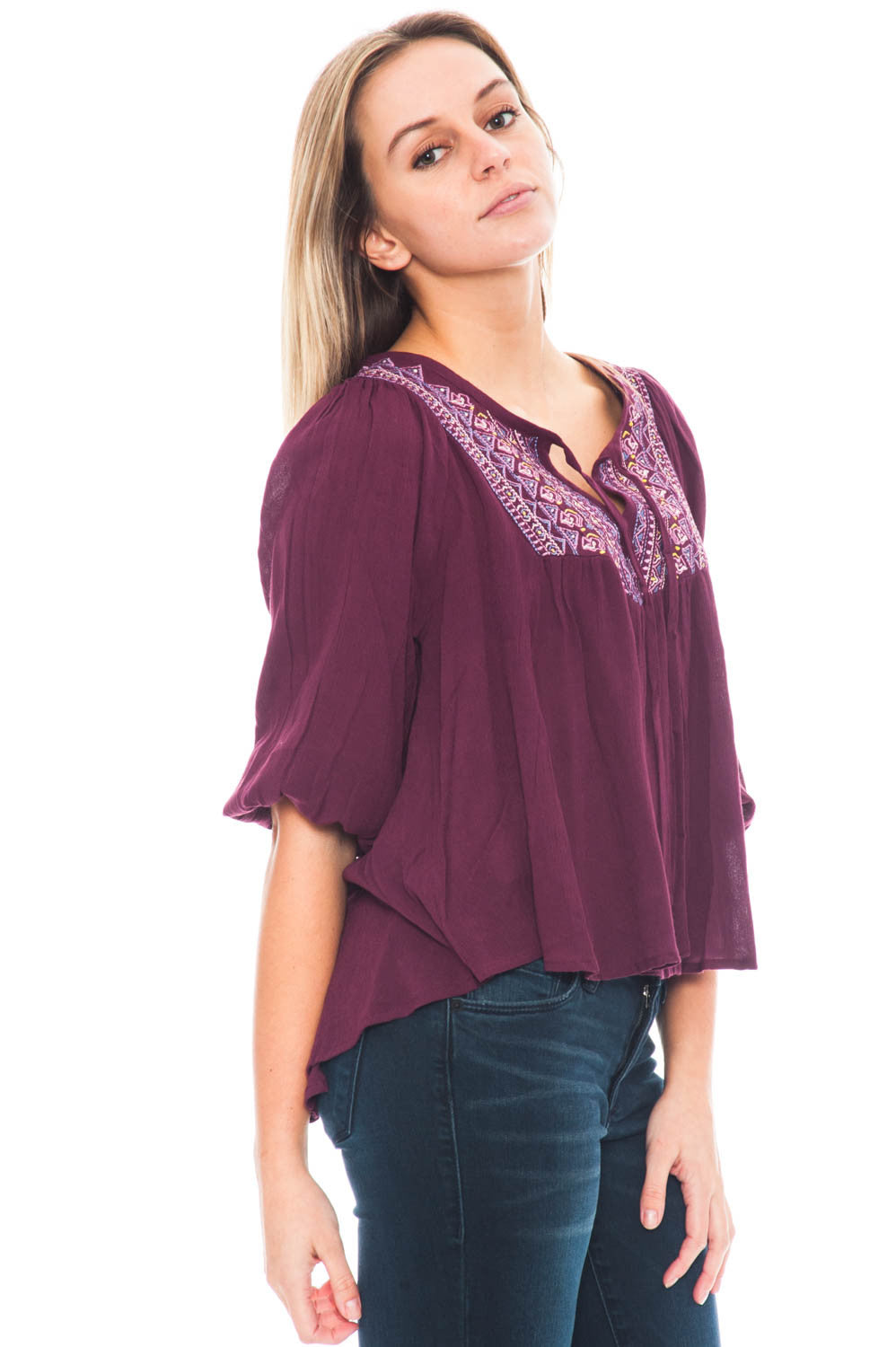 Shirt - High Low Peasant Top with Embroidery