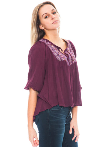 Shirt - High Low Peasant Top with Embroidery