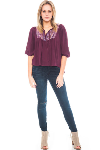 Shirt - High Low Peasant Top with Embroidery