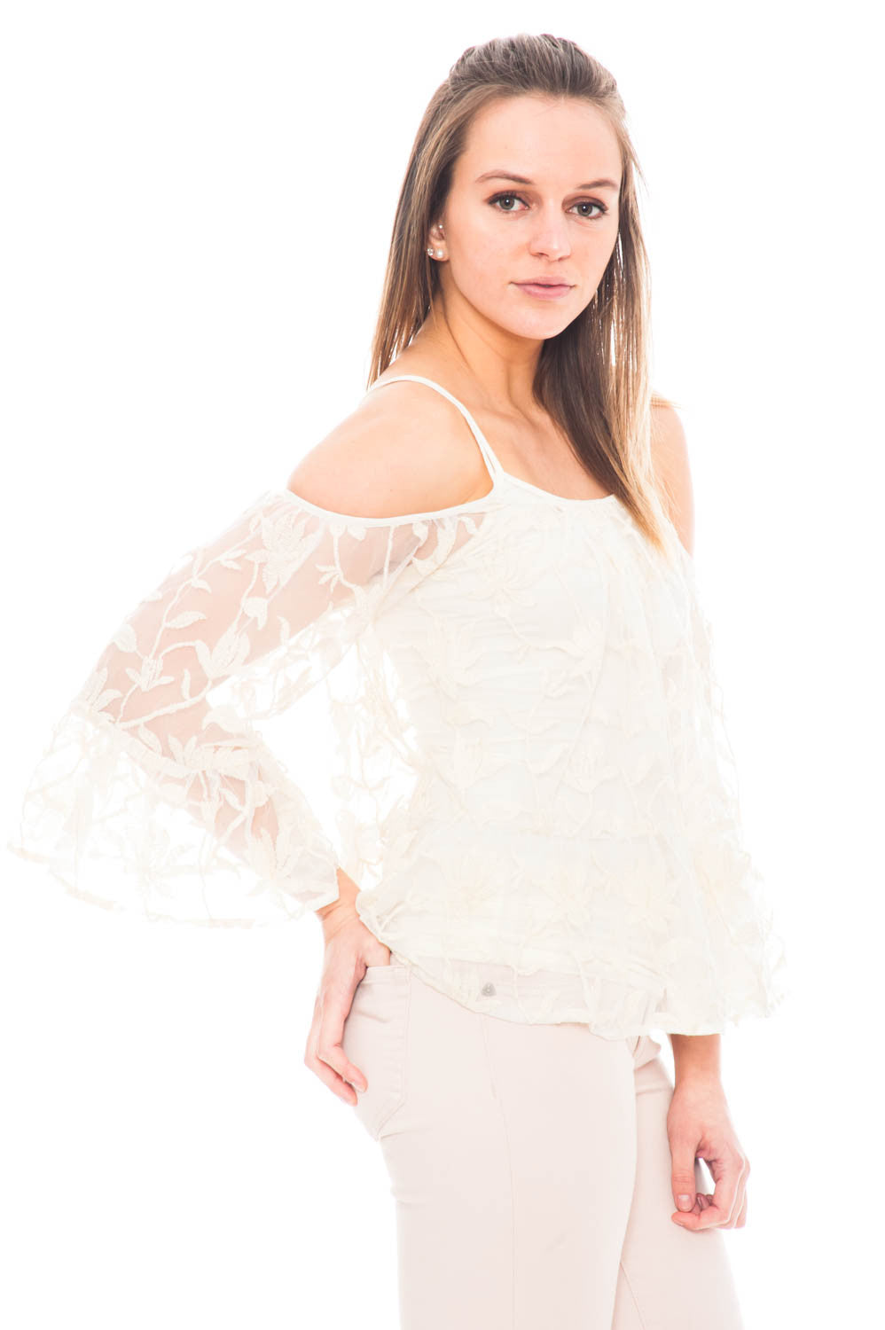 Shirt - Cold Shoulder Lace Top with a Flared Sleeve