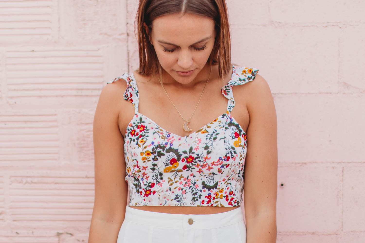 Crop - Ruffled Shoulder Floral Top