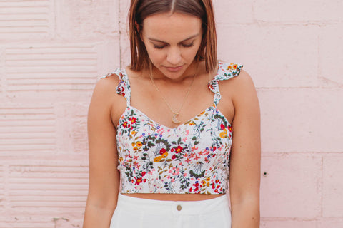 Crop - Ruffled Shoulder Floral Top