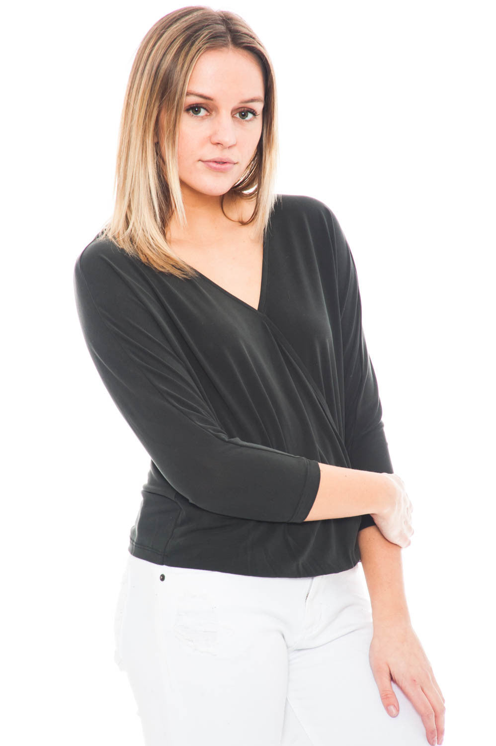 Shirt - 3/4 Sleeve Top with an Overlap Front by Everly