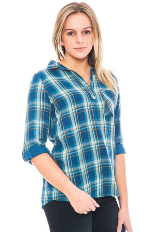 Shirt - 3/4 Sleeve Vintage Plaid Top with Relaxed Collar
