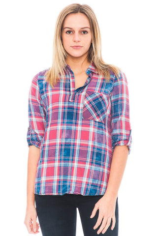 Shirt - 3/4 Sleeve Vintage Plaid Top with Relaxed Collar