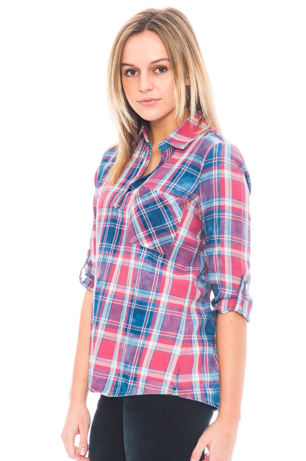 Shirt - 3/4 Sleeve Vintage Plaid Top with Relaxed Collar
