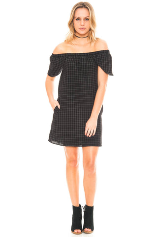 Dress - Off Shoulder Checkered Dress with Pockets