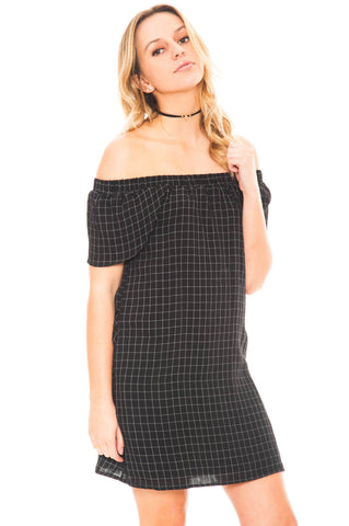 Dress - Off Shoulder Checkered Dress with Pockets