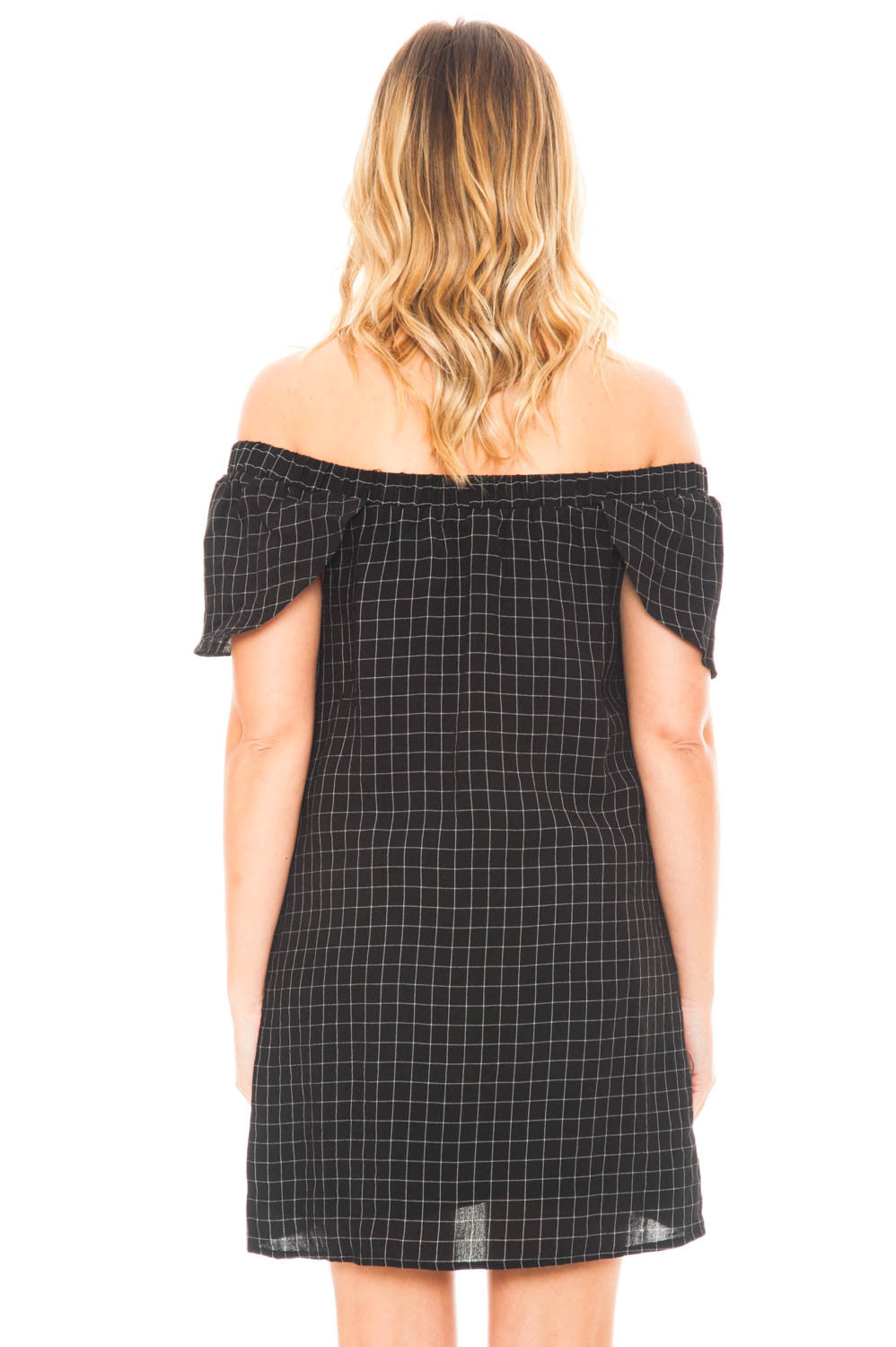 Dress - Off Shoulder Checkered Dress with Pockets