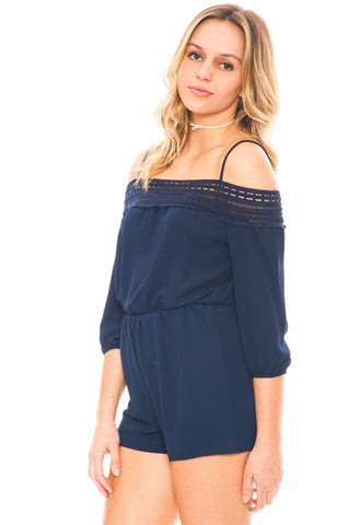 Romper - 3/4 Sleeve Cold Shoulder Romper with Crochet Neckline