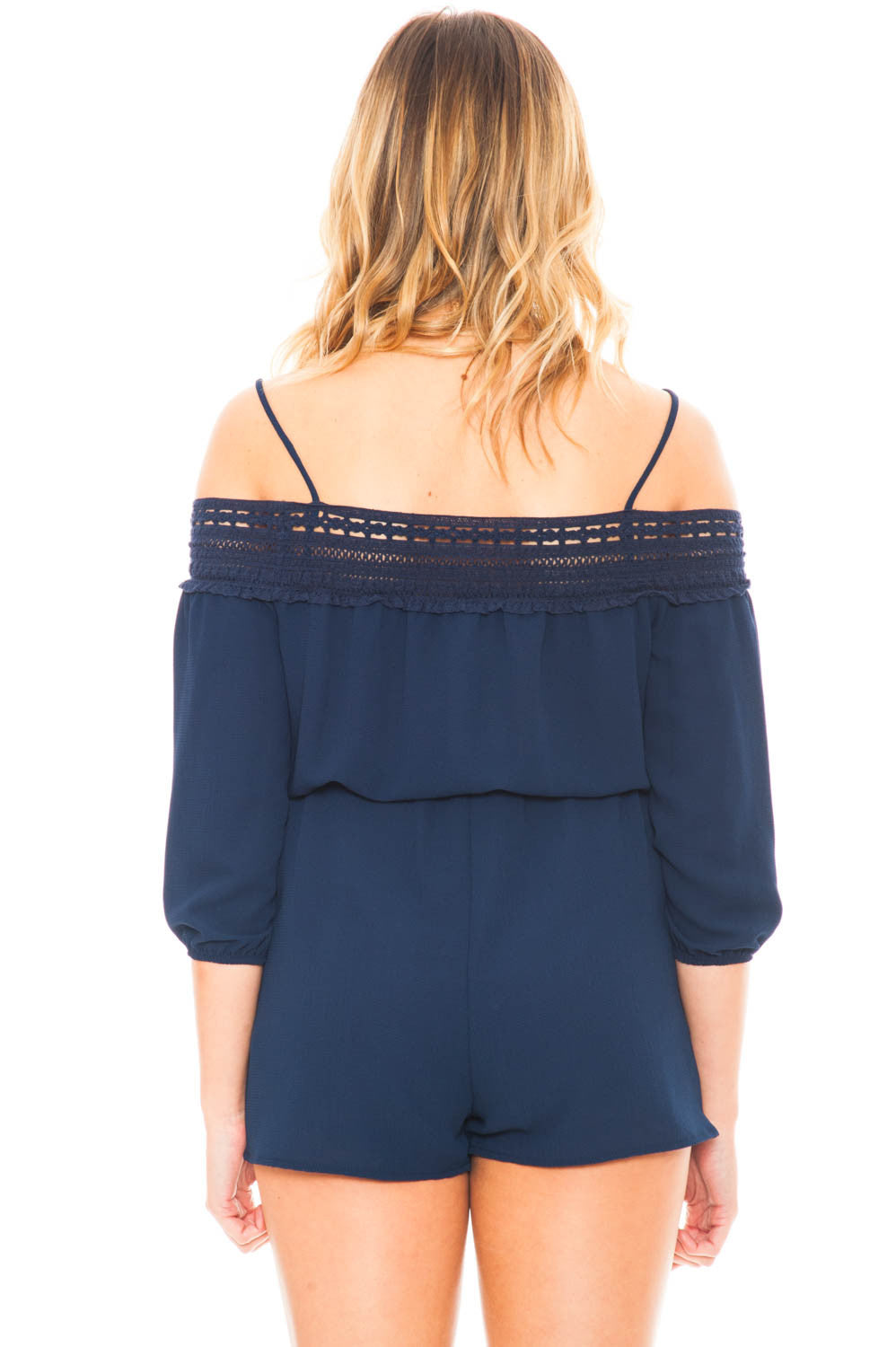 Romper - 3/4 Sleeve Cold Shoulder Romper with Crochet Neckline
