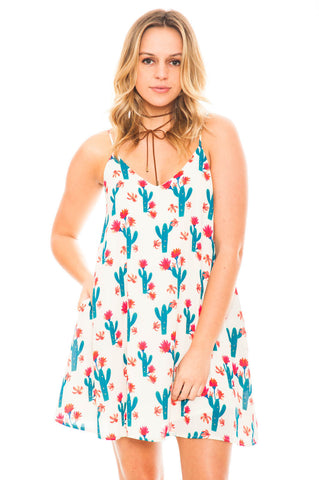 Dress - Flowy Chiffon Cactus Print Dress With Pockets