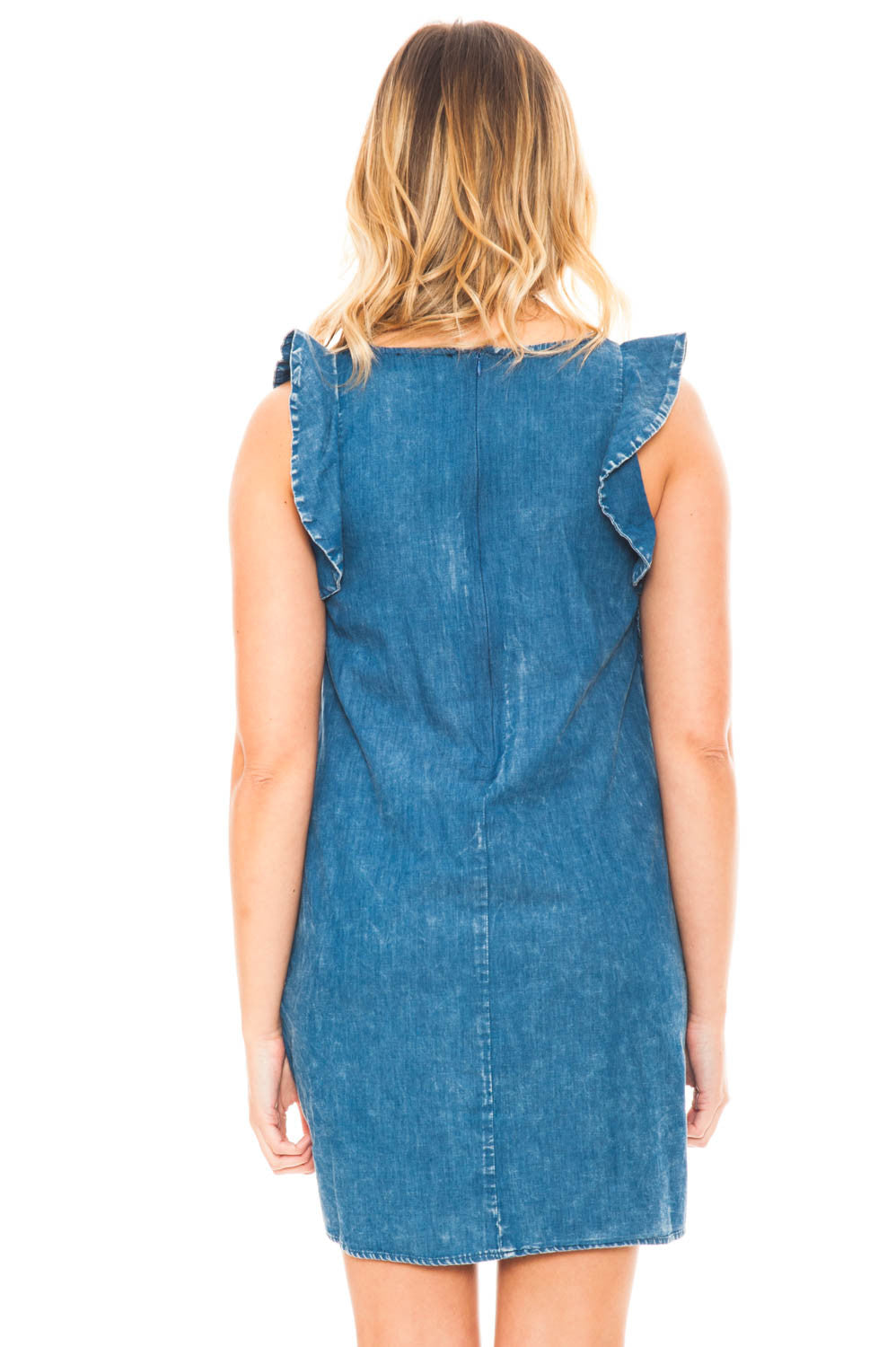 Dress - Denim Ruffled Shoulder Dress with Pockets