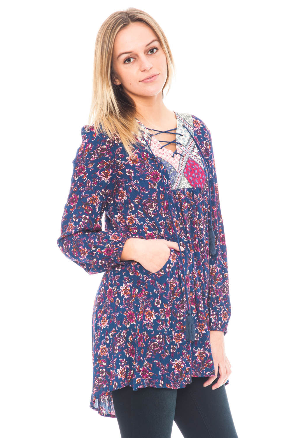 Tunic - Sheer Floral High Low Top with Pockets