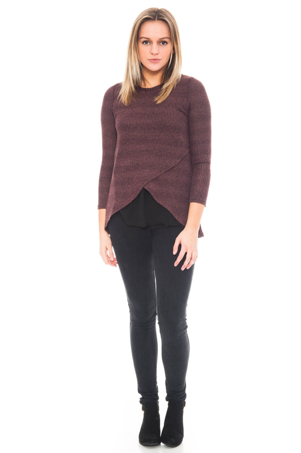 Shirt - 3/4 Sleeve Waffle Knit with an Overlap Front