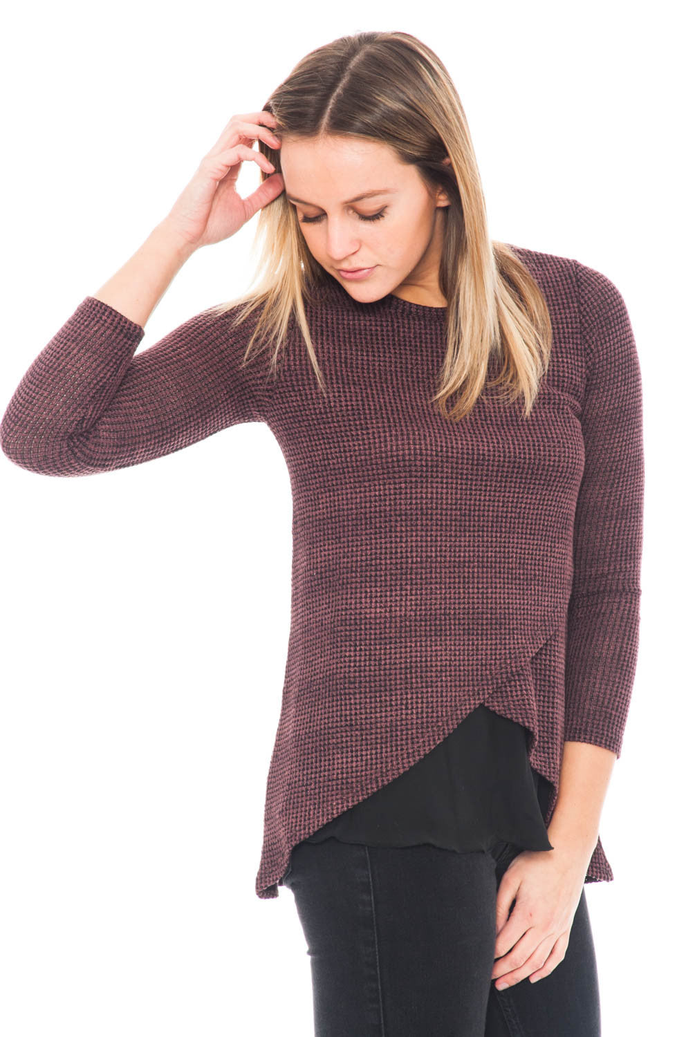 Shirt - 3/4 Sleeve Waffle Knit with an Overlap Front