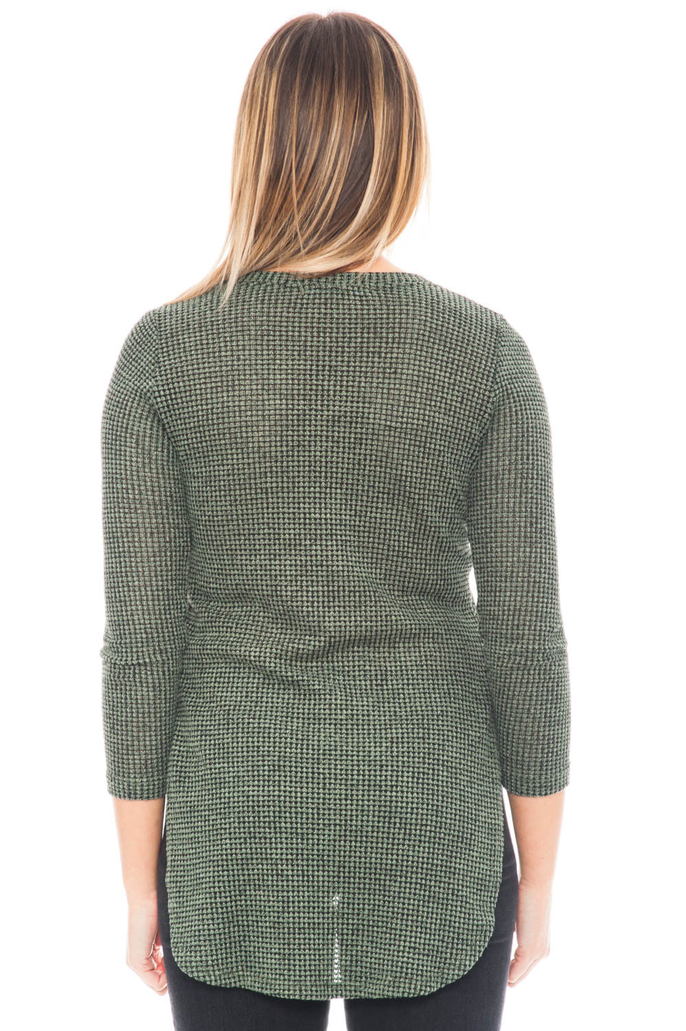 Sweater - 3/4 Sleeve Waffle Knit High Low Top