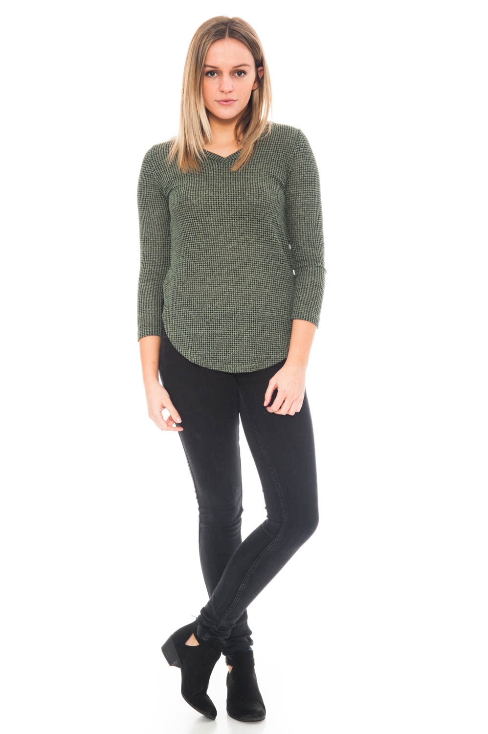 Sweater - 3/4 Sleeve Waffle Knit High Low Top