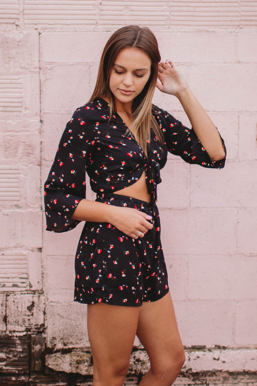 Romper - 3/4 Sleeve Floral Romper with Front Tie