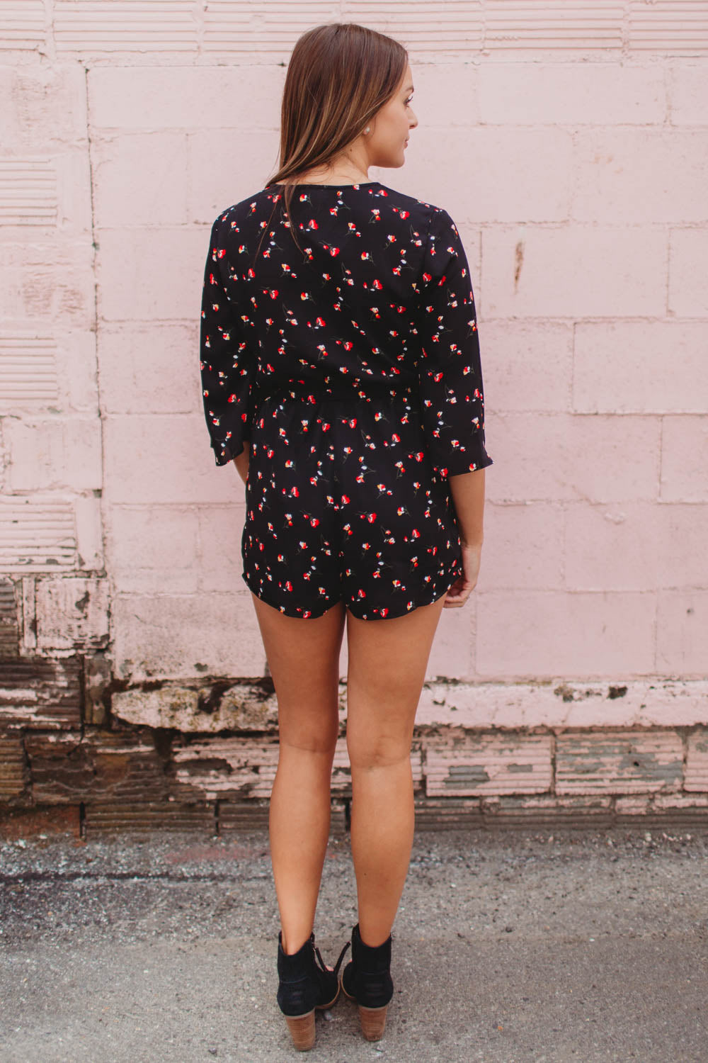 Romper - 3/4 Sleeve Floral Romper with Front Tie