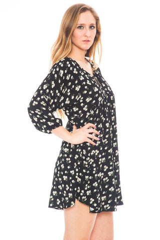 Dress - Boho Tie Front Dress with Puffed Sleeves
