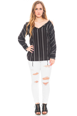 Blouse - Peep Shoulder V-neck Top with Tie Front