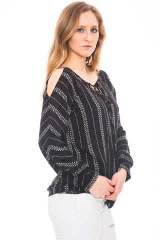 Blouse - Peep Shoulder V-neck Top with Tie Front