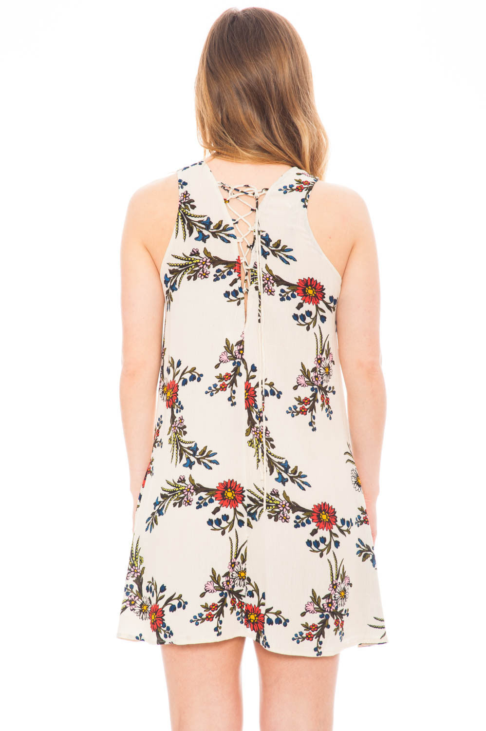 Dress - High Neck Floral Dress with Lace Up Back