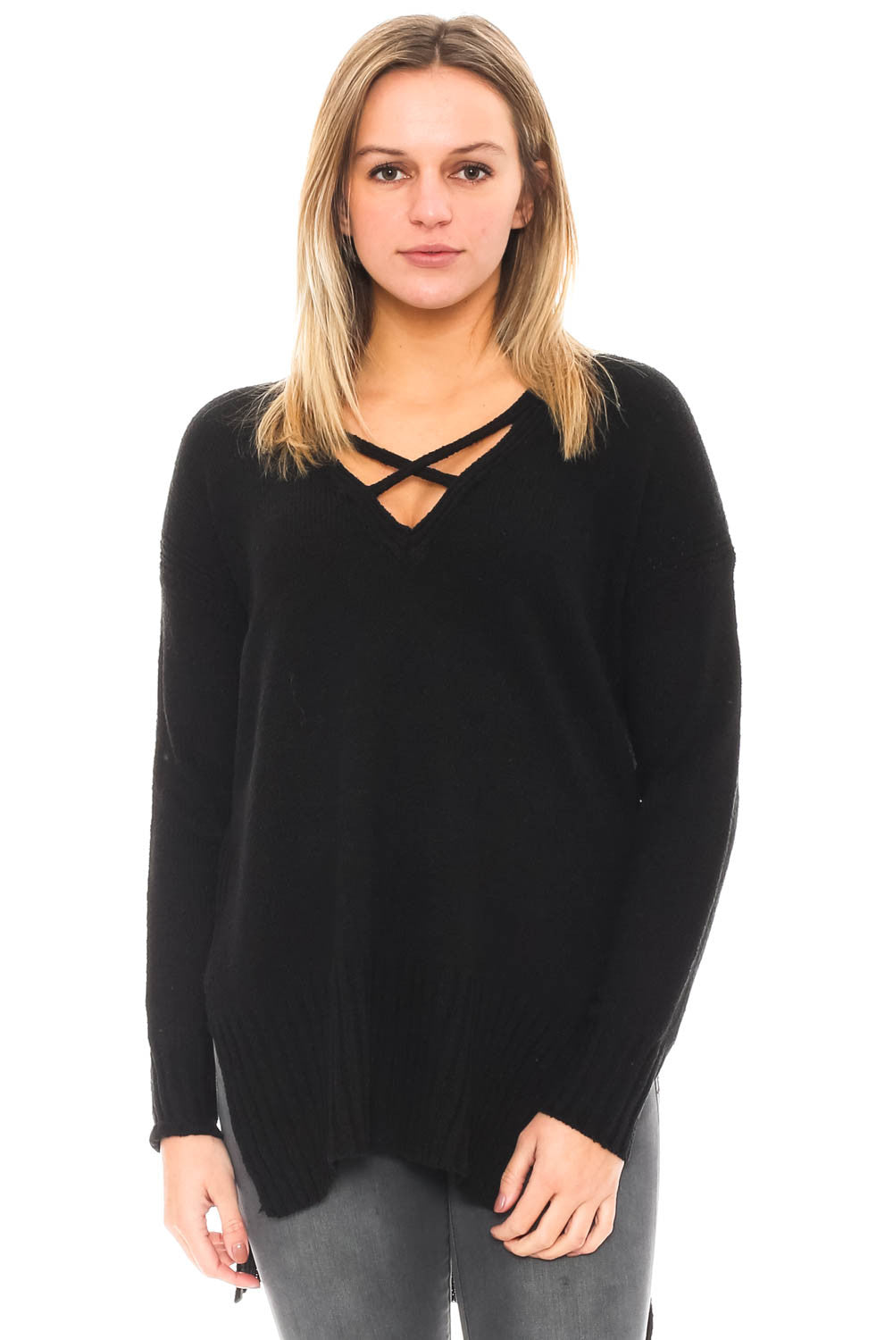 Sweater - High Low Criss-Cross Front Knit Top by Lush