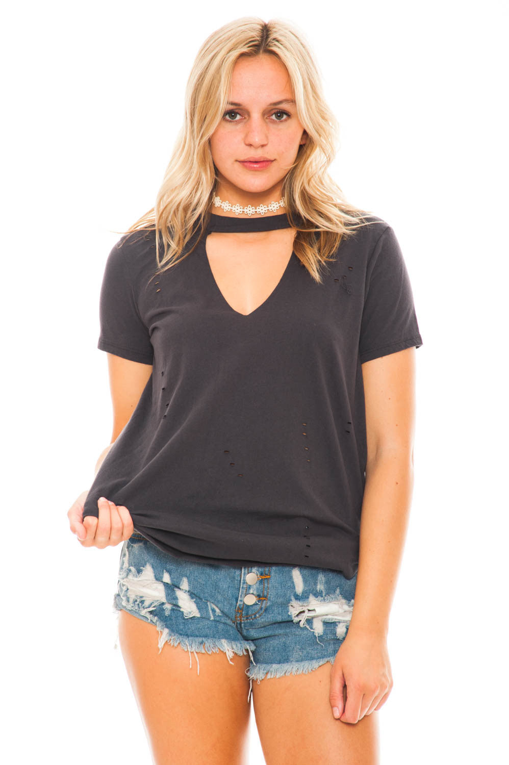Top - Distressed V-neck Tee by Lush
