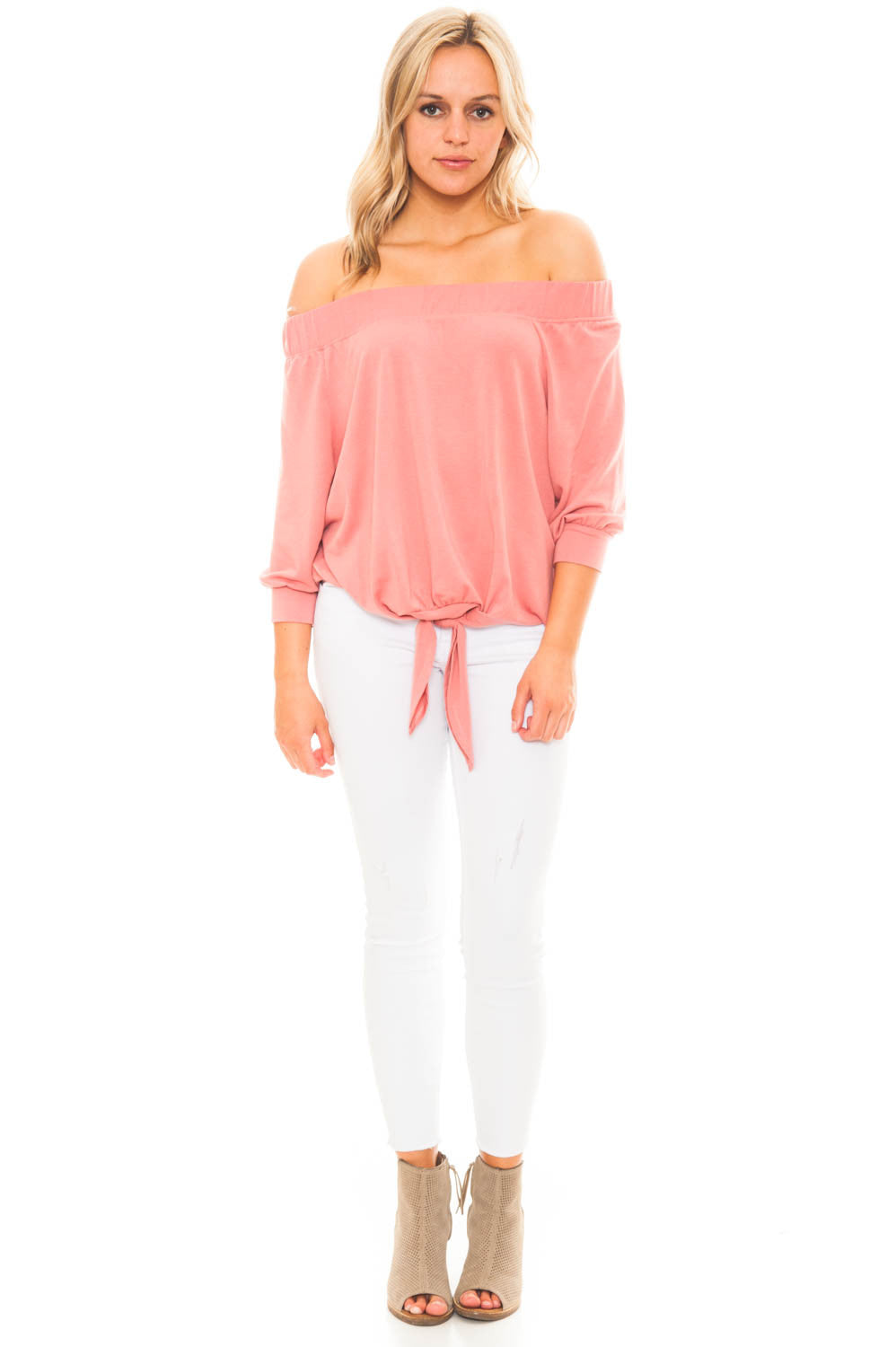 Blouse - Off Shoulder 3/4 Sleeve Top With Tie