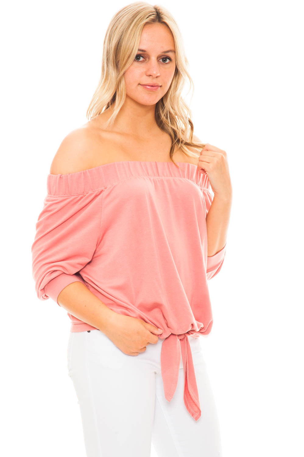 Blouse - Off Shoulder 3/4 Sleeve Top With Tie