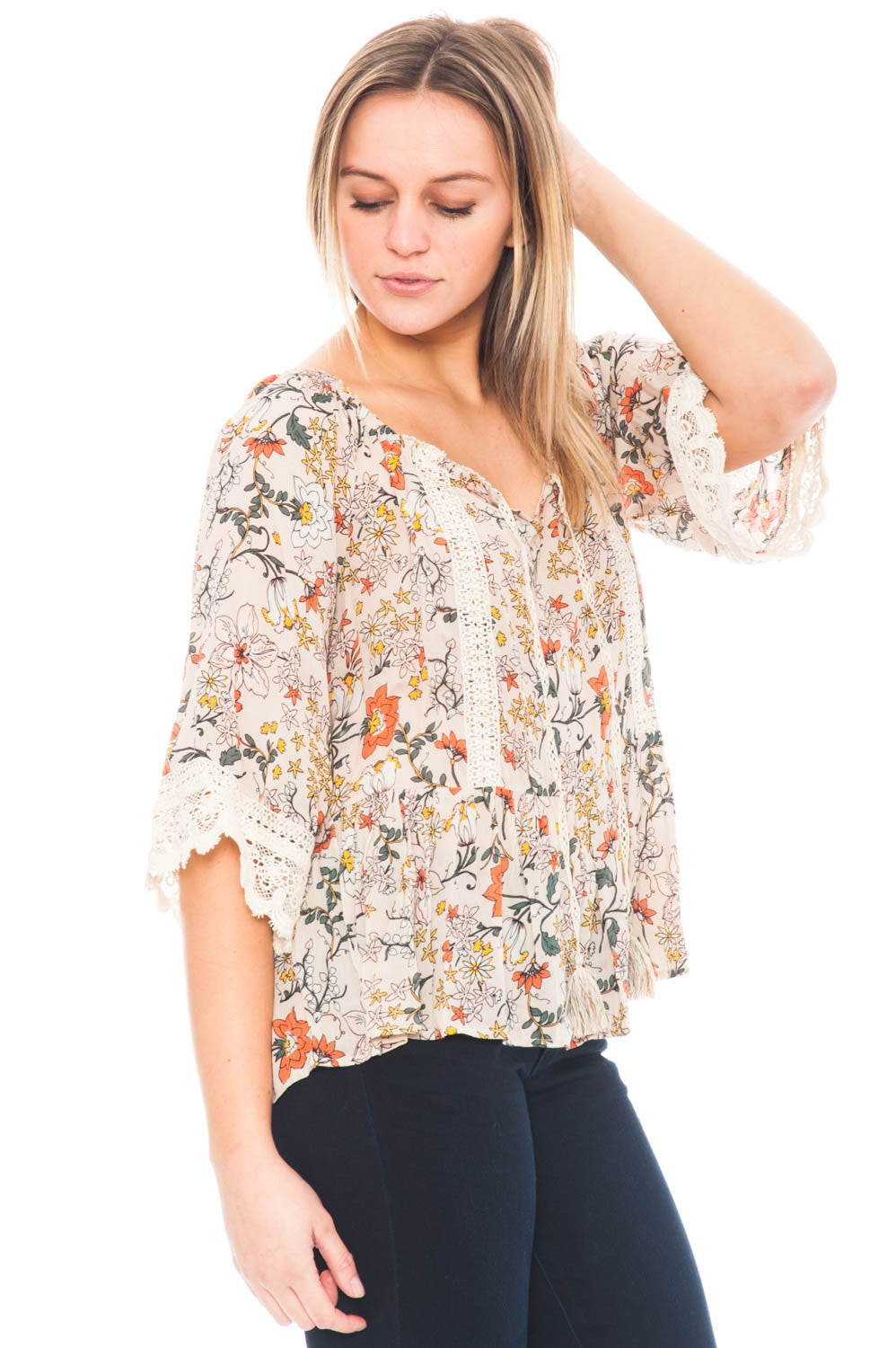 Blouse - Floral Peasant Top with a Bell Sleeve by Democracy
