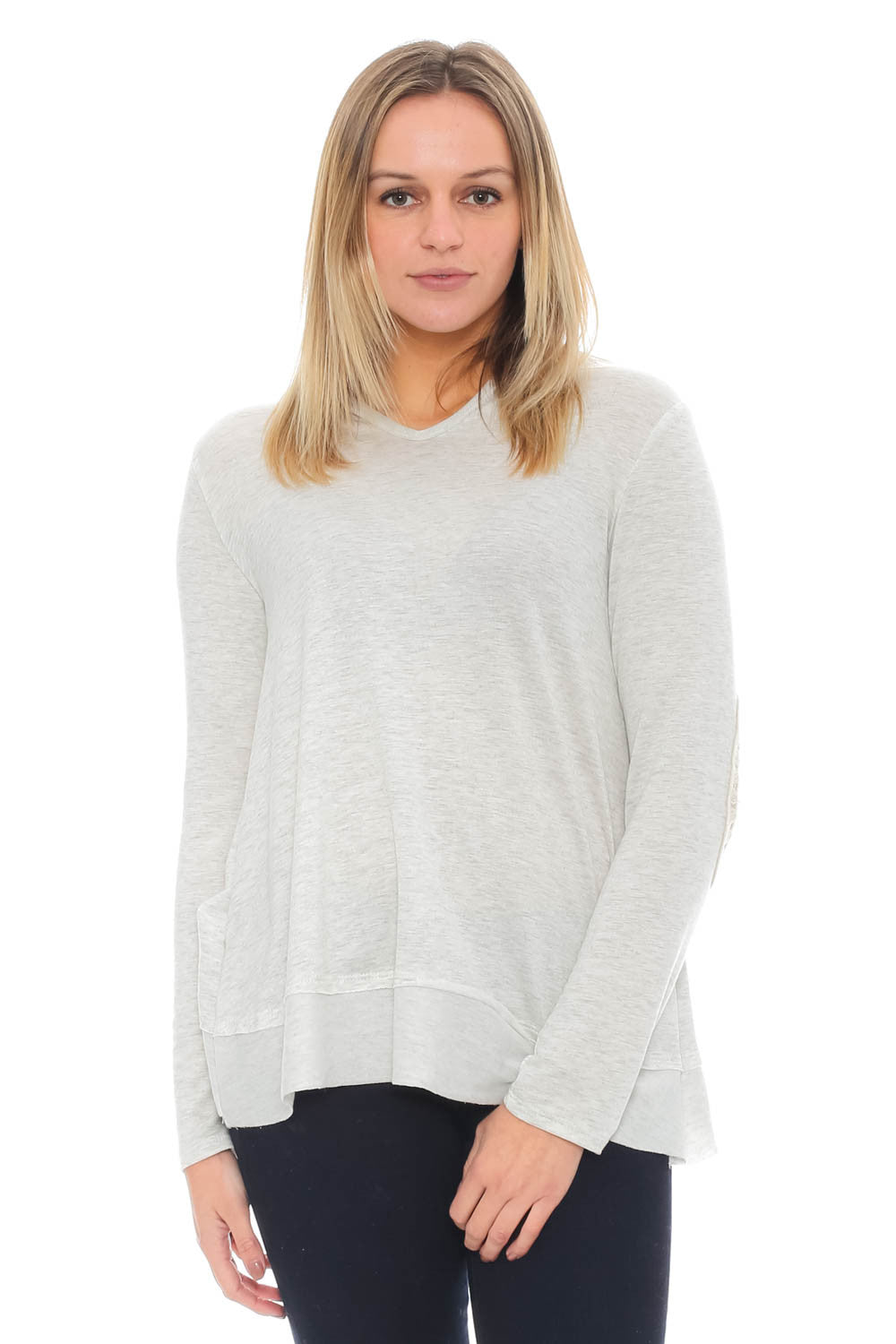 Sweater - Overlap Back Hoodie with Lace Elbow Patches by Paper Crane