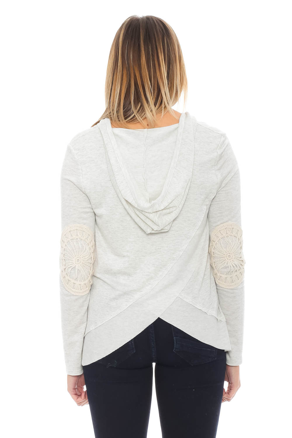 Sweater - Overlap Back Hoodie with Lace Elbow Patches by Paper Crane
